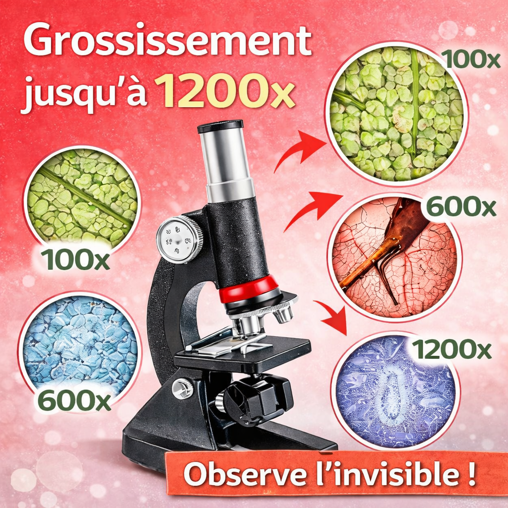 Microscope Portable Enfant Kit Scientifique – 100x 400x 1200x LED – Dès 6 ans | JeuxPourToi™